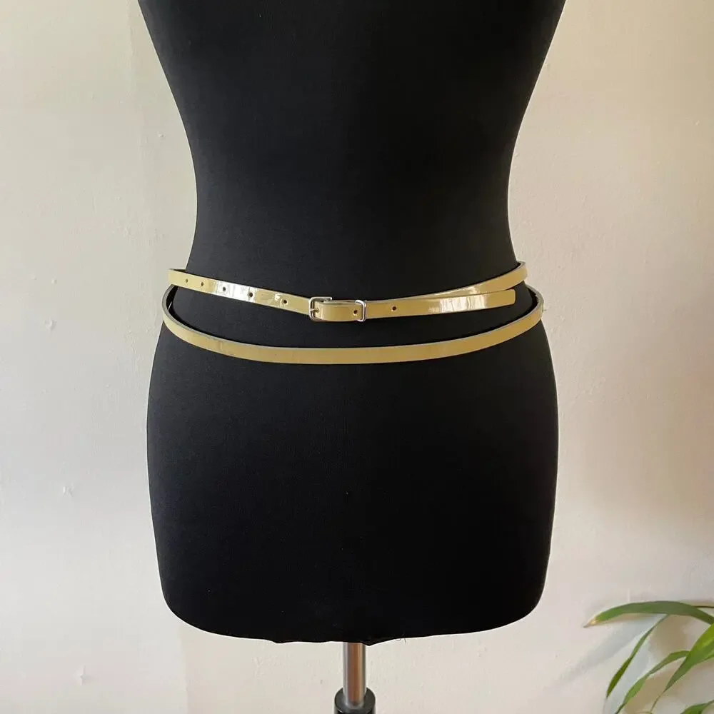 J. Crew Double Wrap Skinny Belt Patent Leather Tan Chartreuse Womens M 12725